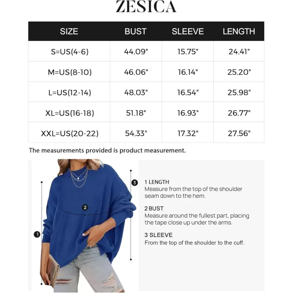 ZESICA Womens 2024 Fall Casual Long Sleeve Crew Neck Side Slit Oversized Ribbed Knit Pullover Sweater TopsRoyalblue