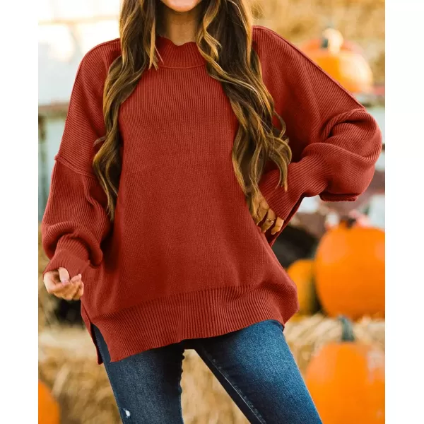 ZESICA Womens 2024 Fall Casual Long Sleeve Crew Neck Side Slit Oversized Ribbed Knit Pullover Sweater TopsRust