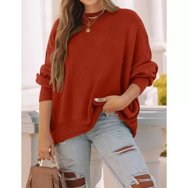 ZESICA Womens 2024 Fall Casual Long Sleeve Crew Neck Side Slit Oversized Ribbed Knit Pullover Sweater TopsRust