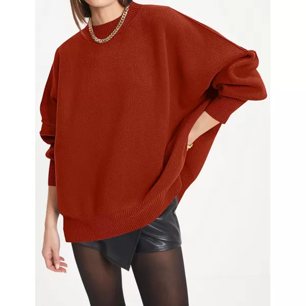 ZESICA Womens 2024 Fall Casual Long Sleeve Crew Neck Side Slit Oversized Ribbed Knit Pullover Sweater TopsRust