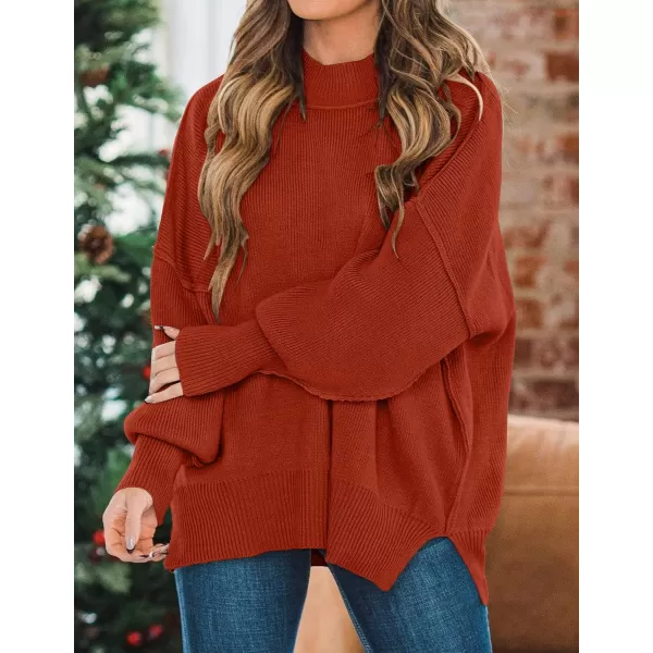 ZESICA Womens 2024 Fall Casual Long Sleeve Crew Neck Side Slit Oversized Ribbed Knit Pullover Sweater TopsRust