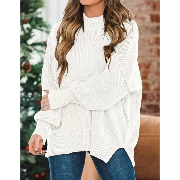 ZESICA Womens 2024 Fall Casual Long Sleeve Crew Neck Side Slit Oversized Ribbed Knit Pullover Sweater TopsWhite
