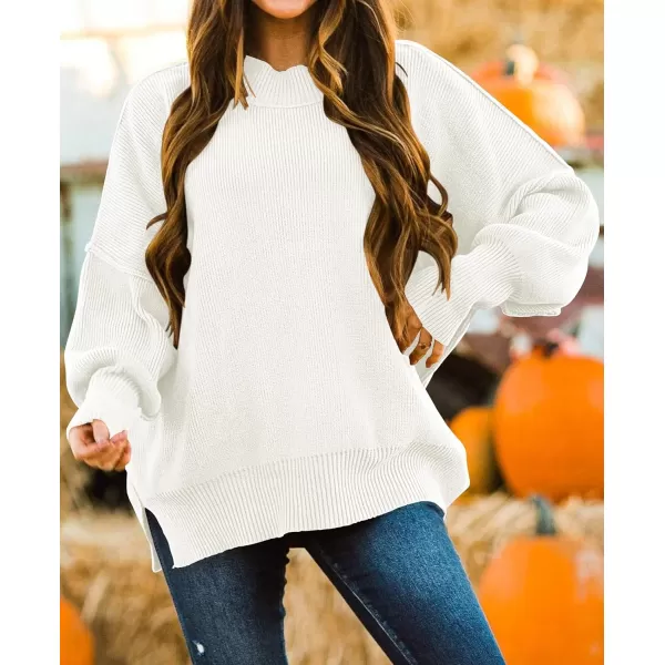 ZESICA Womens 2024 Fall Casual Long Sleeve Crew Neck Side Slit Oversized Ribbed Knit Pullover Sweater TopsWhite