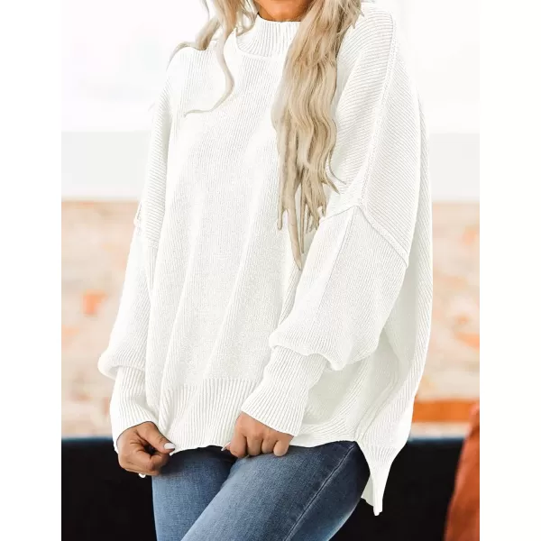 ZESICA Womens 2024 Fall Casual Long Sleeve Crew Neck Side Slit Oversized Ribbed Knit Pullover Sweater TopsWhite