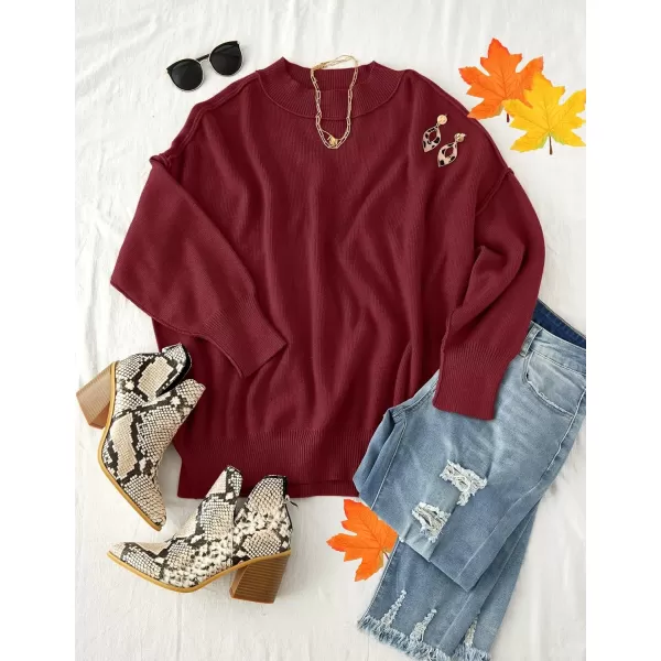 ZESICA Womens 2024 Fall Casual Long Sleeve Crew Neck Side Slit Oversized Ribbed Knit Pullover Sweater TopsWine