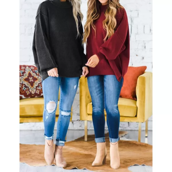 ZESICA Womens 2024 Fall Casual Long Sleeve Crew Neck Side Slit Oversized Ribbed Knit Pullover Sweater TopsWine
