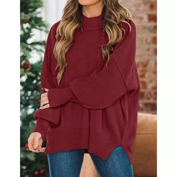 ZESICA Womens 2024 Fall Casual Long Sleeve Crew Neck Side Slit Oversized Ribbed Knit Pullover Sweater TopsWine