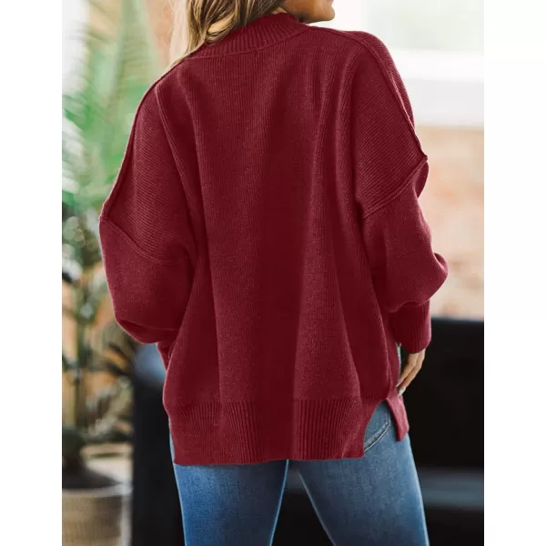 ZESICA Womens 2024 Fall Casual Long Sleeve Crew Neck Side Slit Oversized Ribbed Knit Pullover Sweater TopsWine