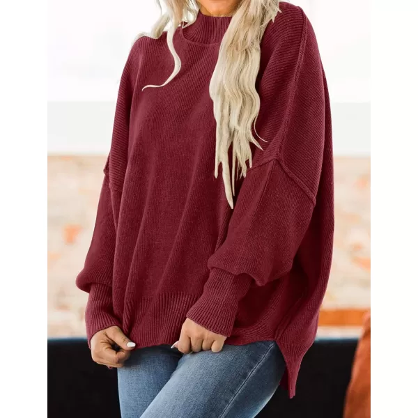 ZESICA Womens 2024 Fall Casual Long Sleeve Crew Neck Side Slit Oversized Ribbed Knit Pullover Sweater TopsWine