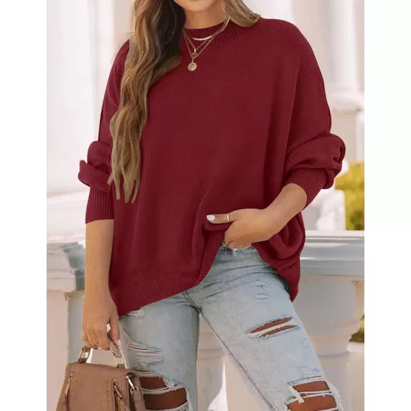 ZESICA Womens 2024 Fall Casual Long Sleeve Crew Neck Side Slit Oversized Ribbed Knit Pullover Sweater TopsWine