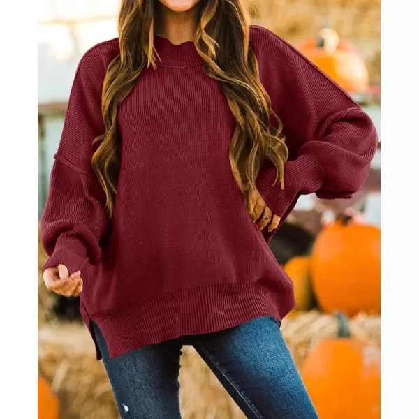 ZESICA Womens 2024 Fall Casual Long Sleeve Crew Neck Side Slit Oversized Ribbed Knit Pullover Sweater TopsWine