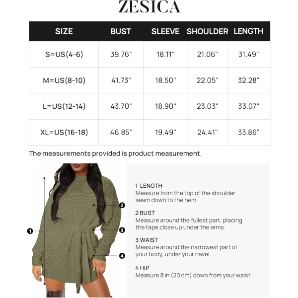 ZESICA Womens 2024 Fall Long Sleeve Solid Color Waffle Knitted Tie Wasit Tunic Pullover Sweater DressArmy Green