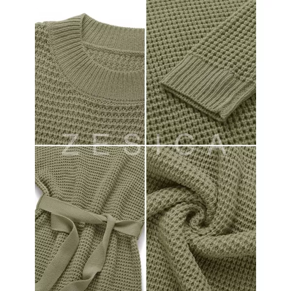 ZESICA Womens 2024 Fall Long Sleeve Solid Color Waffle Knitted Tie Wasit Tunic Pullover Sweater DressArmy Green