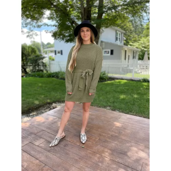 ZESICA Womens 2024 Fall Long Sleeve Solid Color Waffle Knitted Tie Wasit Tunic Pullover Sweater DressArmy Green