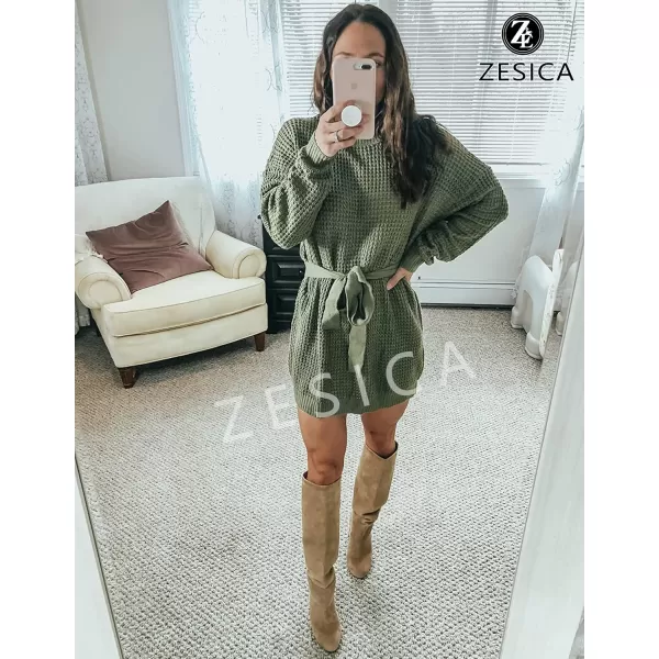 ZESICA Womens 2024 Fall Long Sleeve Solid Color Waffle Knitted Tie Wasit Tunic Pullover Sweater DressArmy Green