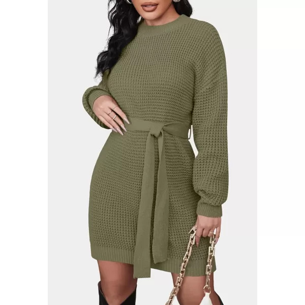 ZESICA Womens 2024 Fall Long Sleeve Solid Color Waffle Knitted Tie Wasit Tunic Pullover Sweater DressArmy Green