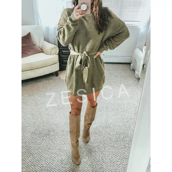 ZESICA Womens 2024 Fall Long Sleeve Solid Color Waffle Knitted Tie Wasit Tunic Pullover Sweater DressArmy Green