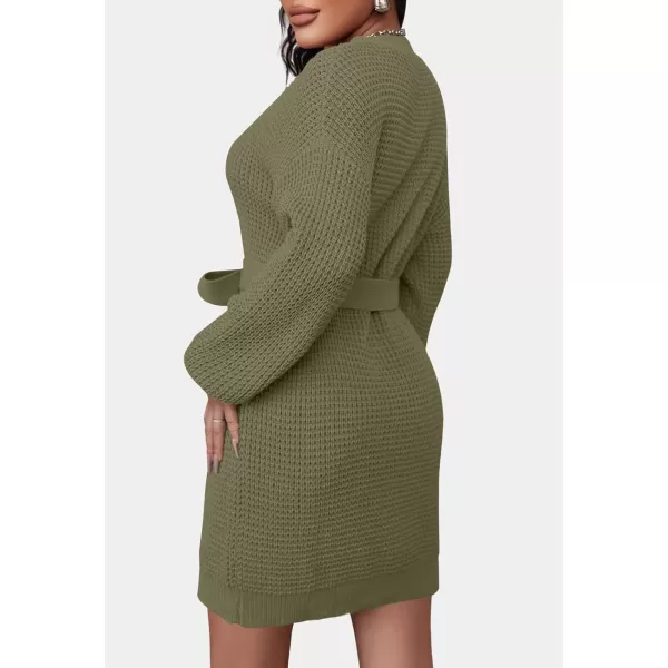 ZESICA Womens 2024 Fall Long Sleeve Solid Color Waffle Knitted Tie Wasit Tunic Pullover Sweater DressArmy Green