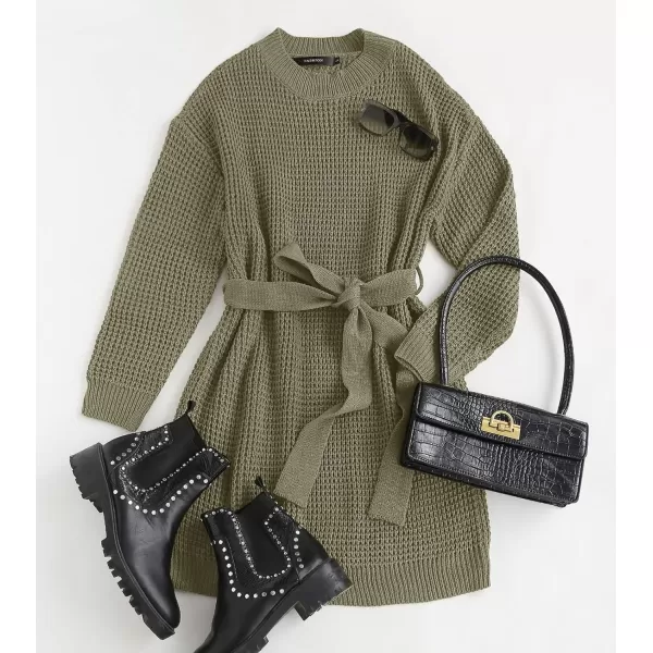 ZESICA Womens 2024 Fall Long Sleeve Solid Color Waffle Knitted Tie Wasit Tunic Pullover Sweater DressArmy Green
