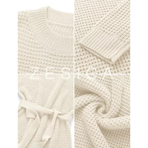 ZESICA Womens 2024 Fall Long Sleeve Solid Color Waffle Knitted Tie Wasit Tunic Pullover Sweater DressBeige