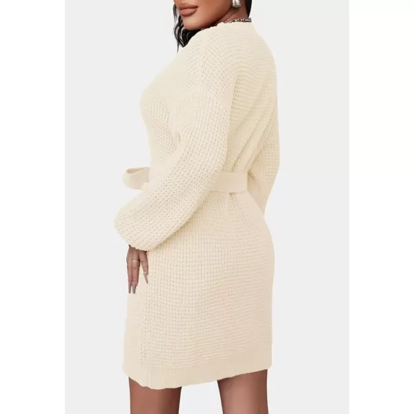 ZESICA Womens 2024 Fall Long Sleeve Solid Color Waffle Knitted Tie Wasit Tunic Pullover Sweater DressBeige