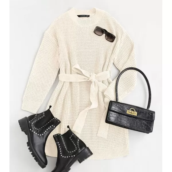 ZESICA Womens 2024 Fall Long Sleeve Solid Color Waffle Knitted Tie Wasit Tunic Pullover Sweater DressBeige