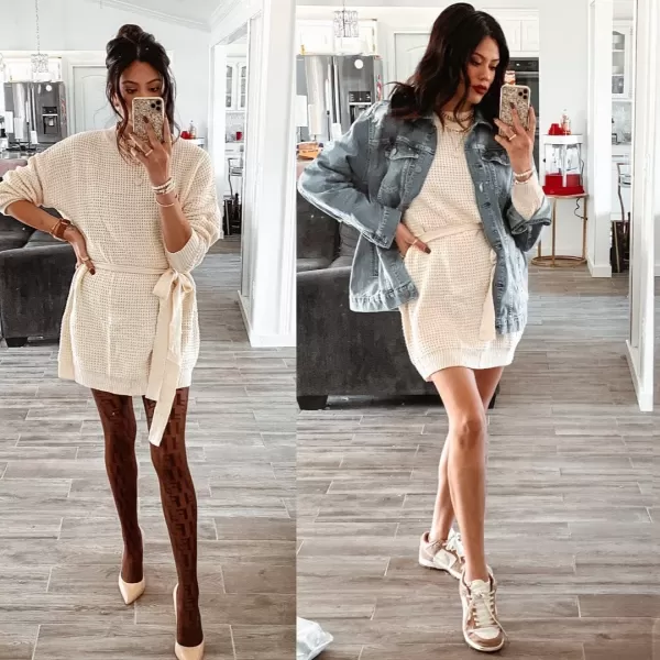 ZESICA Womens 2024 Fall Long Sleeve Solid Color Waffle Knitted Tie Wasit Tunic Pullover Sweater DressBeige