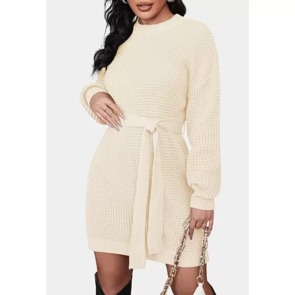 ZESICA Womens 2024 Fall Long Sleeve Solid Color Waffle Knitted Tie Wasit Tunic Pullover Sweater DressBeige