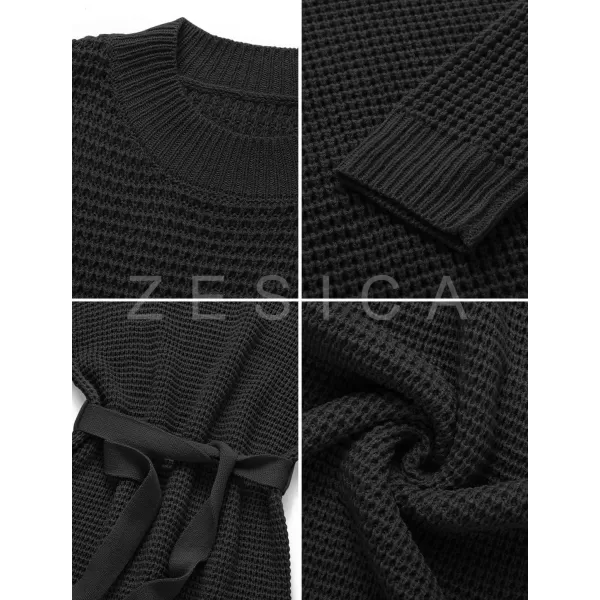 ZESICA Womens 2024 Fall Long Sleeve Solid Color Waffle Knitted Tie Wasit Tunic Pullover Sweater DressBlack