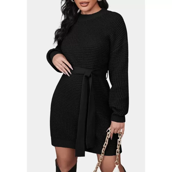 ZESICA Womens 2024 Fall Long Sleeve Solid Color Waffle Knitted Tie Wasit Tunic Pullover Sweater DressBlack