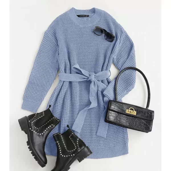 ZESICA Womens 2024 Fall Long Sleeve Solid Color Waffle Knitted Tie Wasit Tunic Pullover Sweater DressBlue