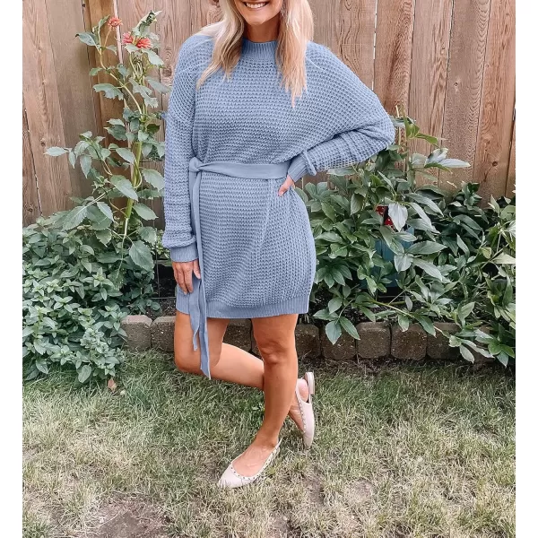 ZESICA Womens 2024 Fall Long Sleeve Solid Color Waffle Knitted Tie Wasit Tunic Pullover Sweater DressBlue
