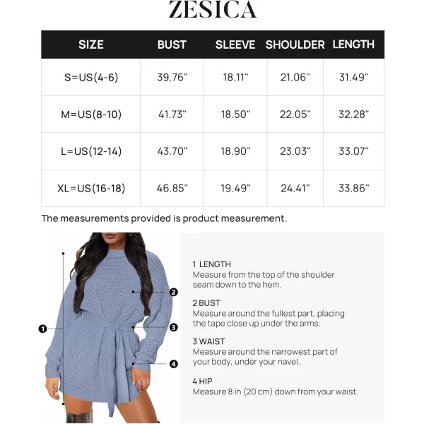 ZESICA Womens 2024 Fall Long Sleeve Solid Color Waffle Knitted Tie Wasit Tunic Pullover Sweater DressBlue