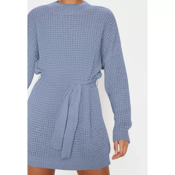 ZESICA Womens 2024 Fall Long Sleeve Solid Color Waffle Knitted Tie Wasit Tunic Pullover Sweater DressBlue