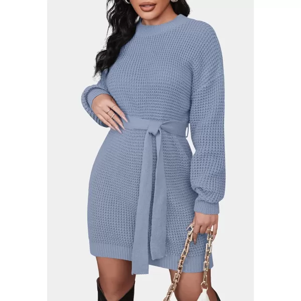 ZESICA Womens 2024 Fall Long Sleeve Solid Color Waffle Knitted Tie Wasit Tunic Pullover Sweater DressBlue