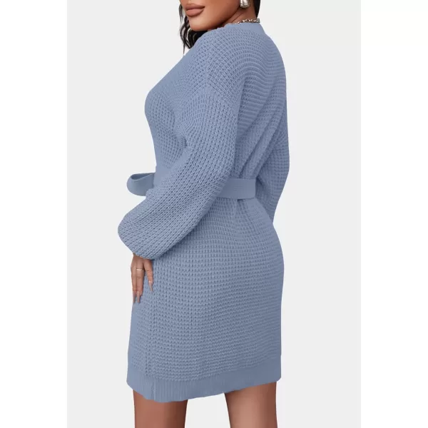 ZESICA Womens 2024 Fall Long Sleeve Solid Color Waffle Knitted Tie Wasit Tunic Pullover Sweater DressBlue