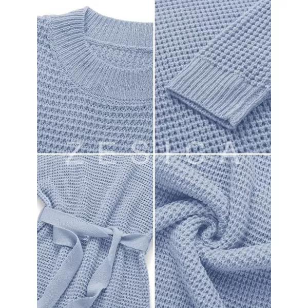 ZESICA Womens 2024 Fall Long Sleeve Solid Color Waffle Knitted Tie Wasit Tunic Pullover Sweater DressBlue
