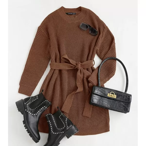 ZESICA Womens 2024 Fall Long Sleeve Solid Color Waffle Knitted Tie Wasit Tunic Pullover Sweater DressBrown