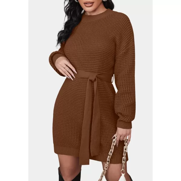 ZESICA Womens 2024 Fall Long Sleeve Solid Color Waffle Knitted Tie Wasit Tunic Pullover Sweater DressBrown