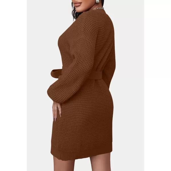 ZESICA Womens 2024 Fall Long Sleeve Solid Color Waffle Knitted Tie Wasit Tunic Pullover Sweater DressBrown