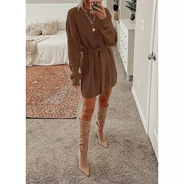 ZESICA Womens 2024 Fall Long Sleeve Solid Color Waffle Knitted Tie Wasit Tunic Pullover Sweater DressBrown
