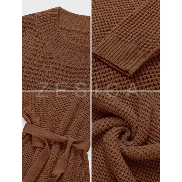 ZESICA Womens 2024 Fall Long Sleeve Solid Color Waffle Knitted Tie Wasit Tunic Pullover Sweater DressBrown