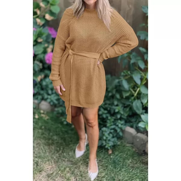 ZESICA Womens 2024 Fall Long Sleeve Solid Color Waffle Knitted Tie Wasit Tunic Pullover Sweater DressCamel
