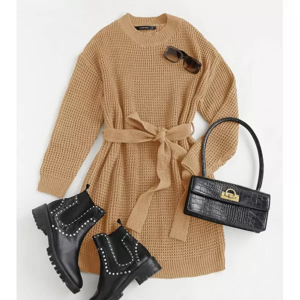 ZESICA Womens 2024 Fall Long Sleeve Solid Color Waffle Knitted Tie Wasit Tunic Pullover Sweater DressCamel