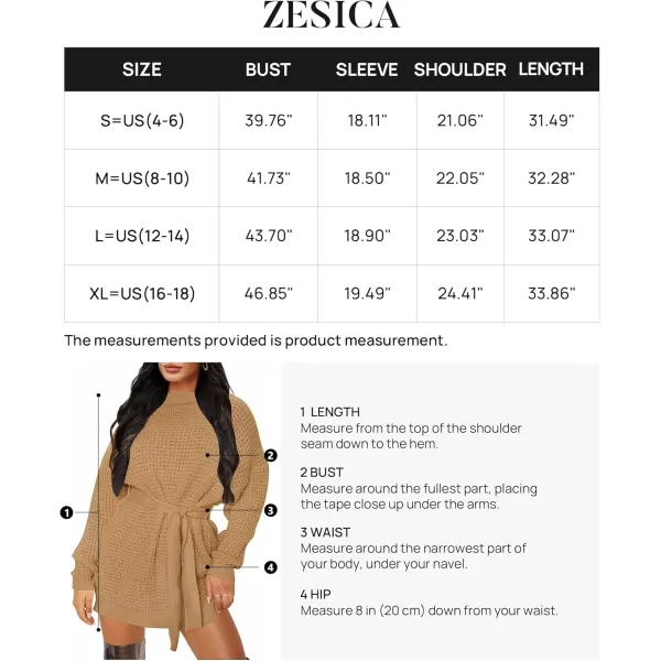 ZESICA Womens 2024 Fall Long Sleeve Solid Color Waffle Knitted Tie Wasit Tunic Pullover Sweater DressCamel