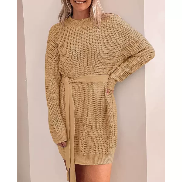 ZESICA Womens 2024 Fall Long Sleeve Solid Color Waffle Knitted Tie Wasit Tunic Pullover Sweater DressCamel