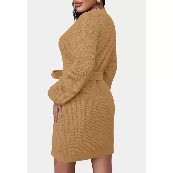 ZESICA Womens 2024 Fall Long Sleeve Solid Color Waffle Knitted Tie Wasit Tunic Pullover Sweater DressCamel