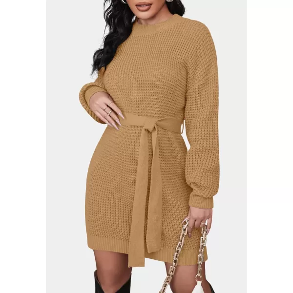 ZESICA Womens 2024 Fall Long Sleeve Solid Color Waffle Knitted Tie Wasit Tunic Pullover Sweater DressCamel