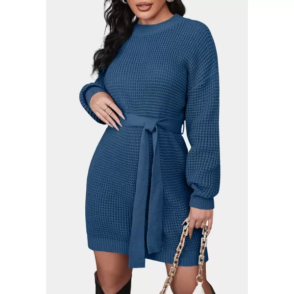 ZESICA Womens 2024 Fall Long Sleeve Solid Color Waffle Knitted Tie Wasit Tunic Pullover Sweater DressDustyblue
