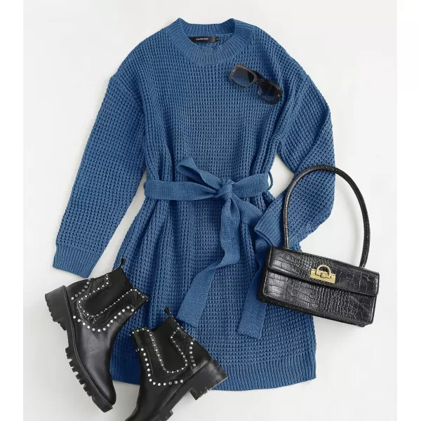 ZESICA Womens 2024 Fall Long Sleeve Solid Color Waffle Knitted Tie Wasit Tunic Pullover Sweater DressDustyblue